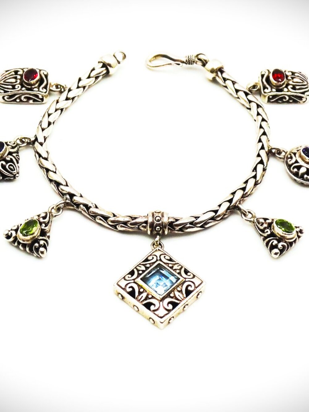 VINTAGE Sterling Silver Topaz Peridot Garnet Amethyst Charms Bracelet - Picture 3 of 15